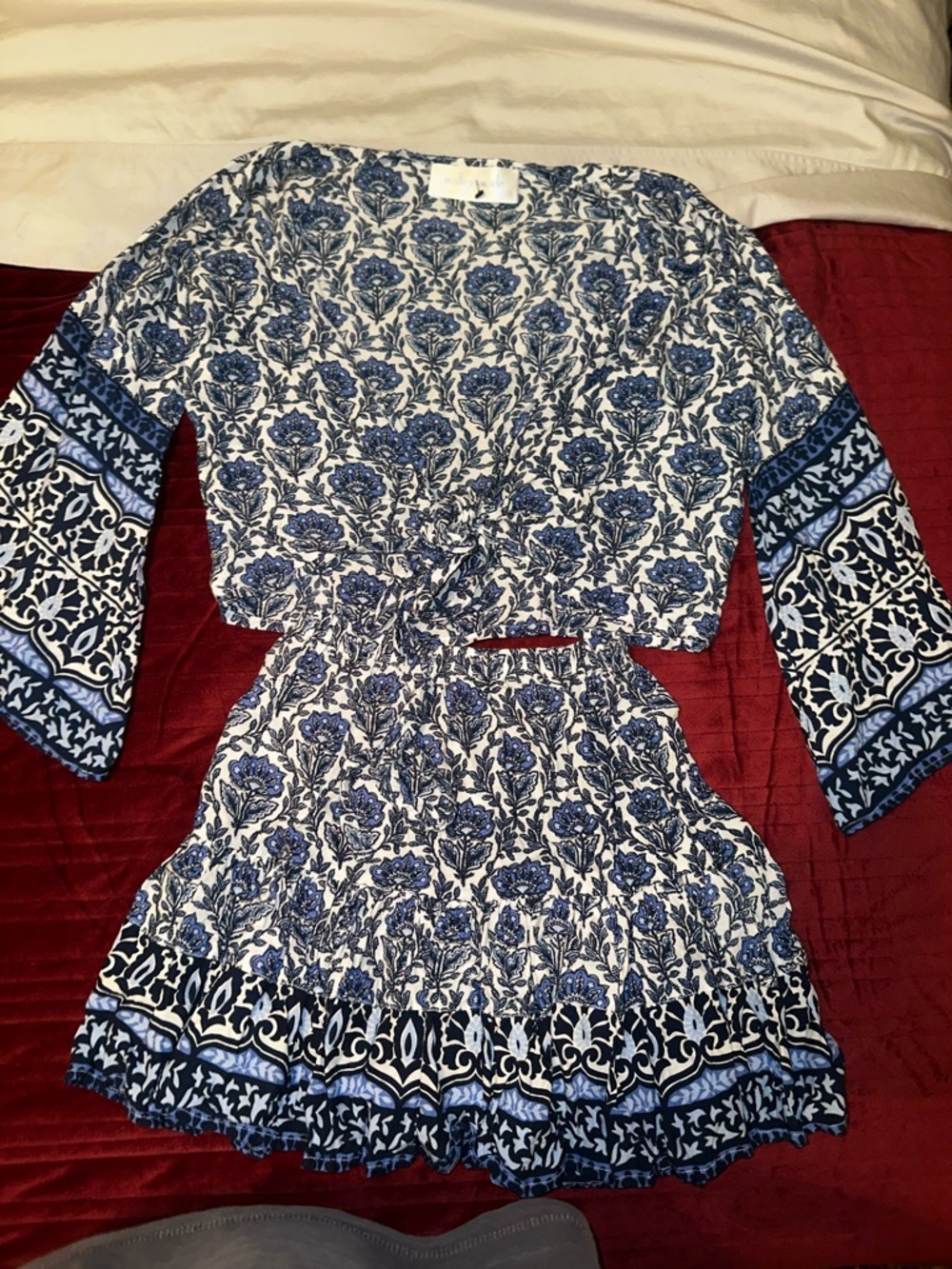 Walker & Wade blue white boho floral set skirt crop top xxs resort coastal chic